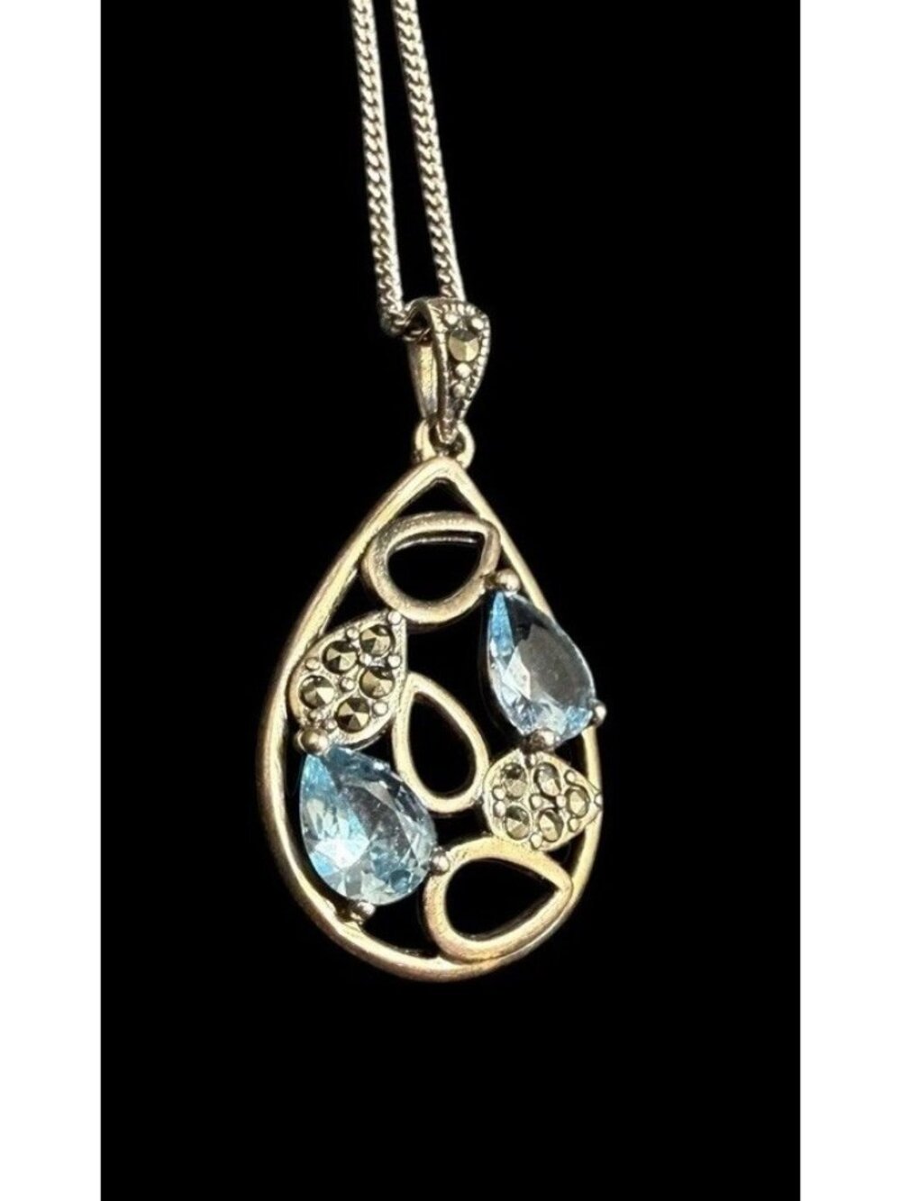Signed 925 SLC Italy Blue Topaz Marcasite Pendant 18” Chain